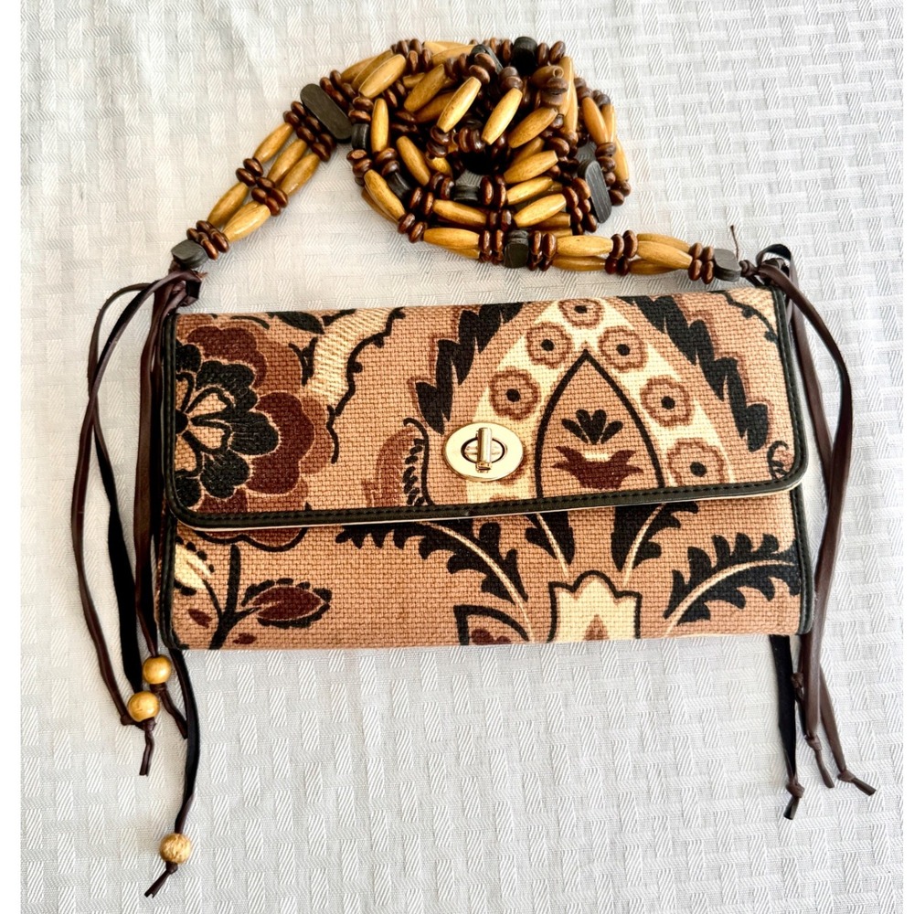 Spartina 449 Daufuskie Island Wood Bead Strap Boho Linen Leather Crossbody Bag